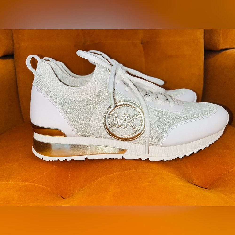 Michael Kors White and Gold Knit Sneakers